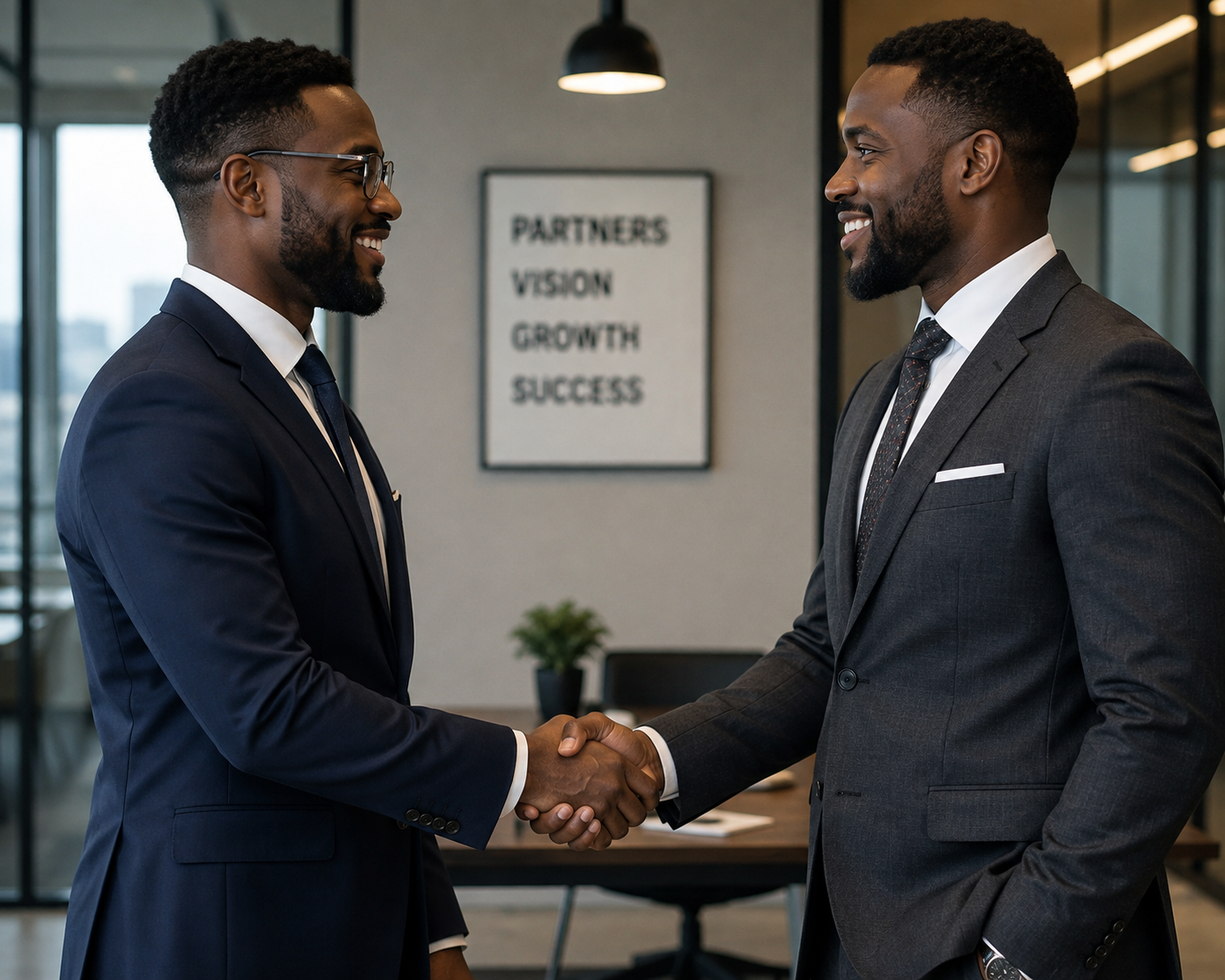 Two business partners shaking hands after agreeing a distribution partnership